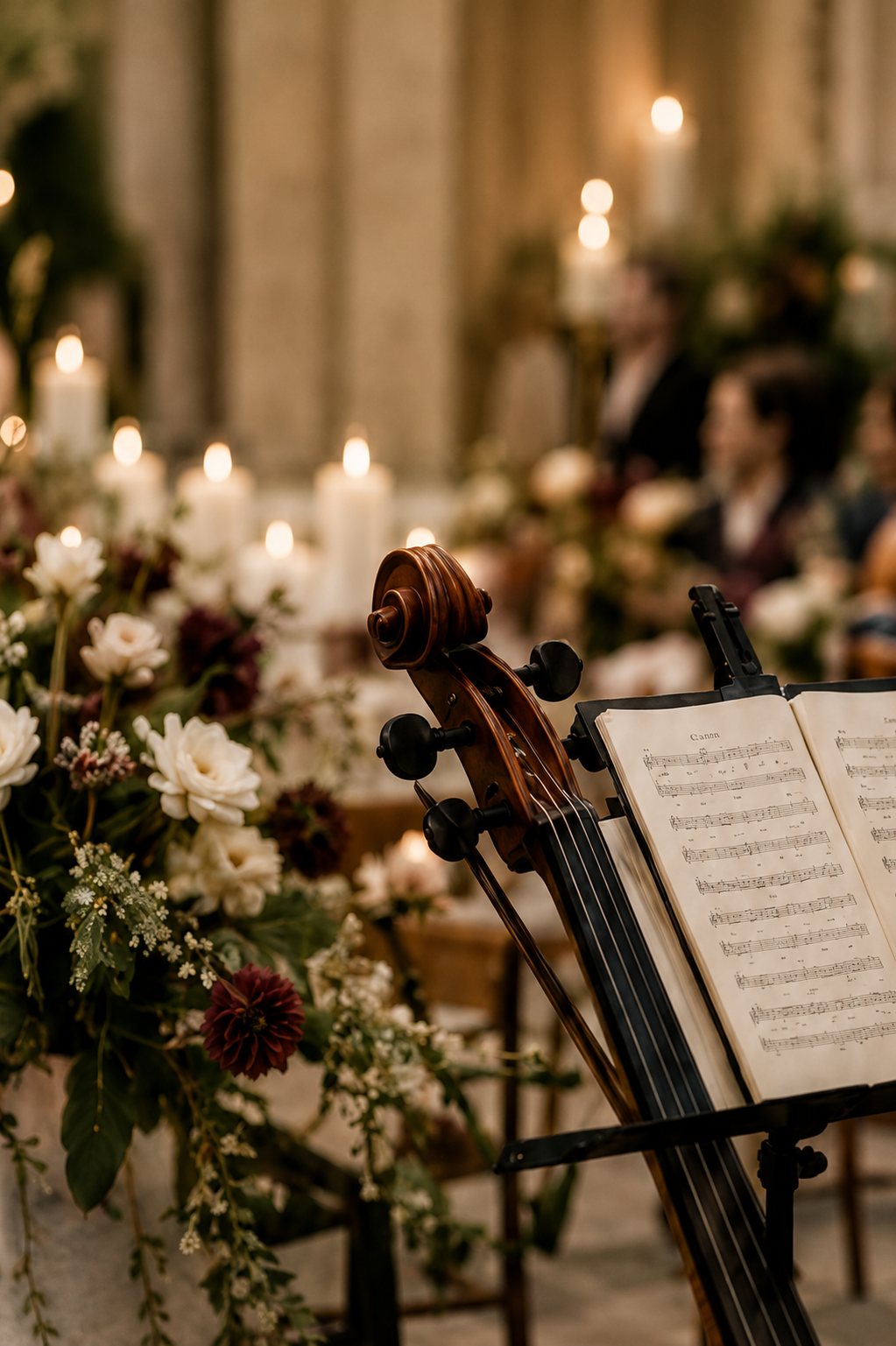 Violoncello, partitura y flores en una celebración acompañada por Boreal Music